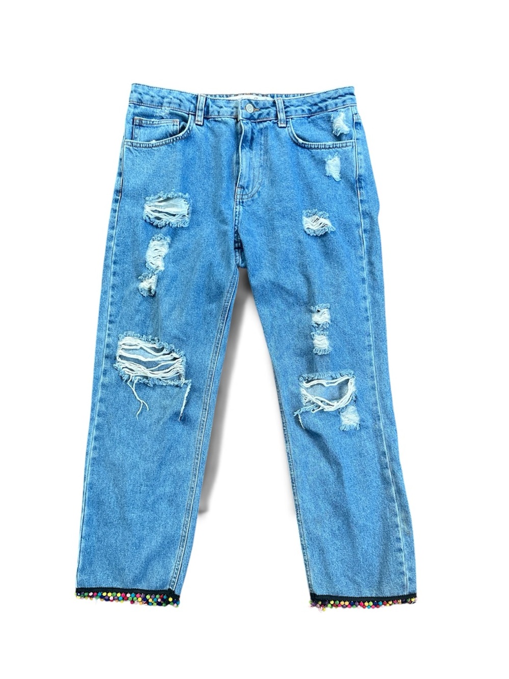 Denim Co Light Blue Distressed Ankle Jeans with Pom Pom Trim